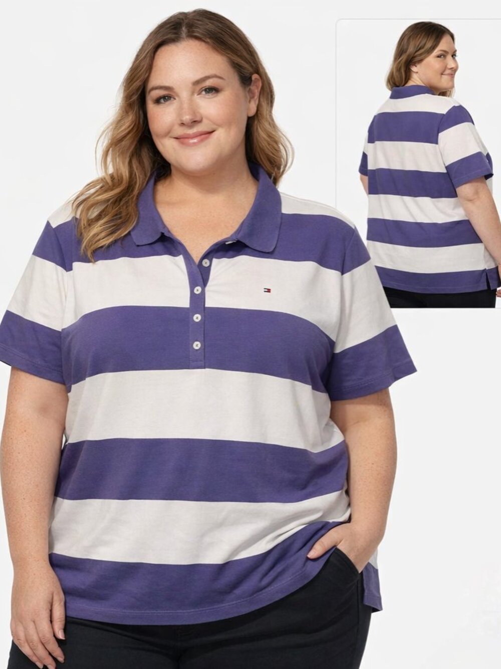Tommy Hilfiger Women’s Purple White Stripe Polo XXL Preppy Casual Logo Nautical
